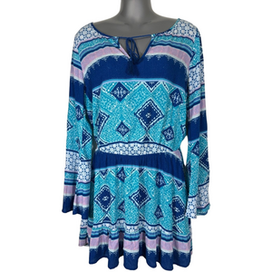 Divided H&M Teal Pink and Navy Patterned Long Sleeves Mini Dress SKU0969